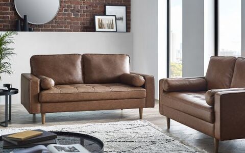 2 Seater Sofa With Bolsters - Brown Tan Faux Leather