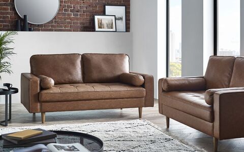 3 Seater Sofa With Bolsters - Brown Tan Faux Leather