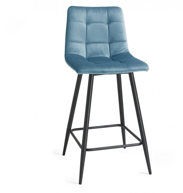 H1010-09BS-VPB Mondrian - Petrol Blue Velvet Fabric Bar Stools With Sand Black Powder Coated Legs (Pair)