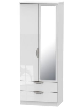 Camden High Gloss White Tall 2 Door 2 Drawer Mirror Wardrobe